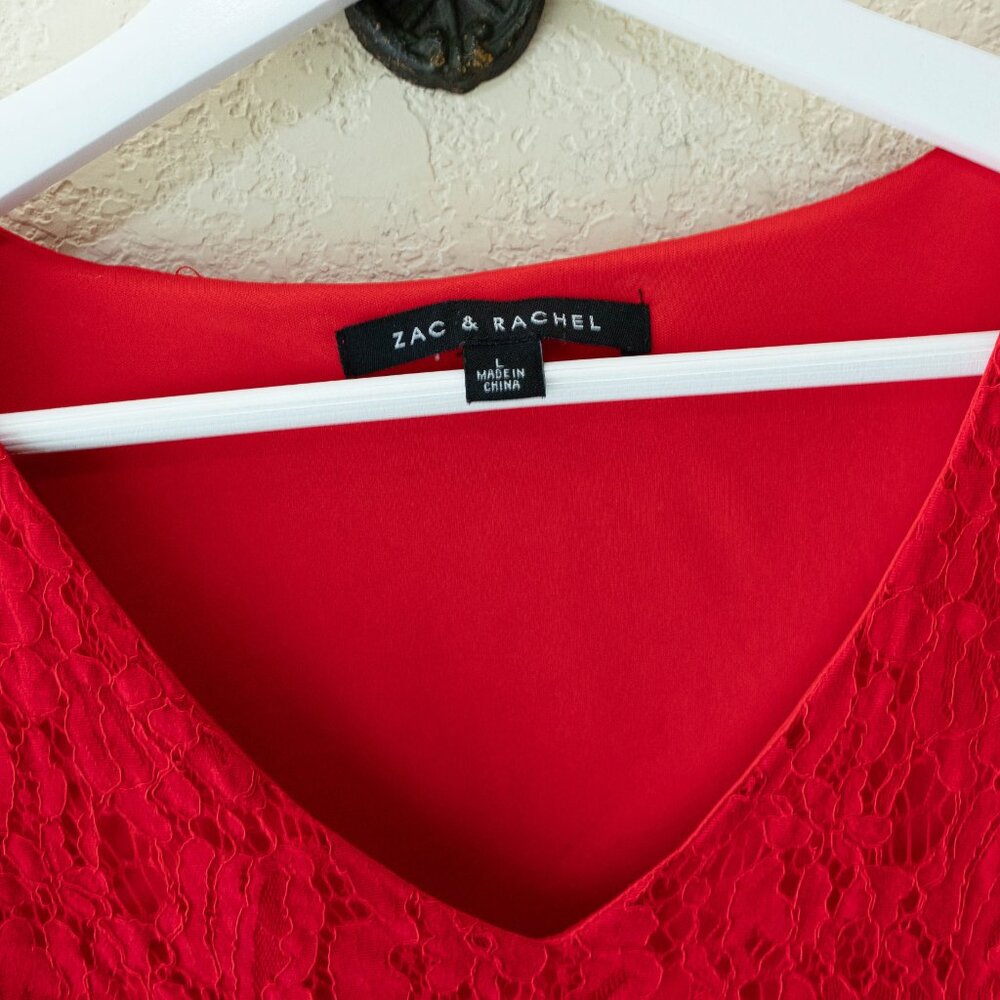 Zac & Rachel Red Lace Top Large V Neck Floral Lace Blouse Lined 3/4 Sleeve - Picture 2 of 13